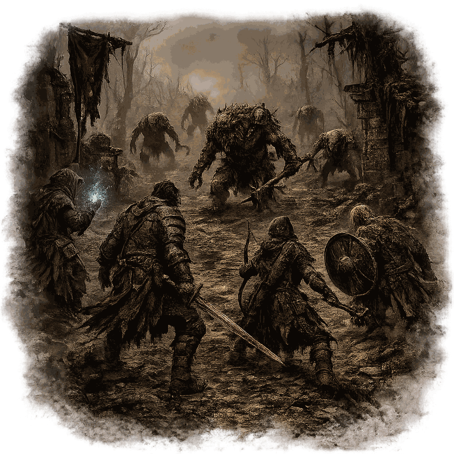 Party of adventurers facing a horde of monsters in a misty ruin
