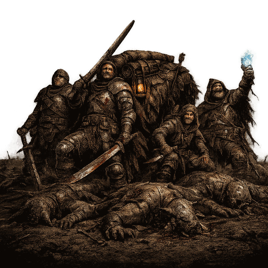 A triumphant adventurer standing over a defeated foe